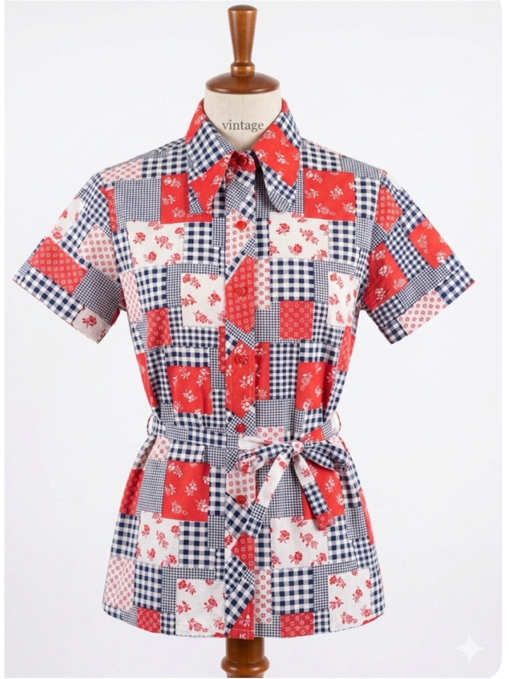 Vintage Patchwork Gingham Button-Front Short Sleeve Shirt with Tie Waist Large